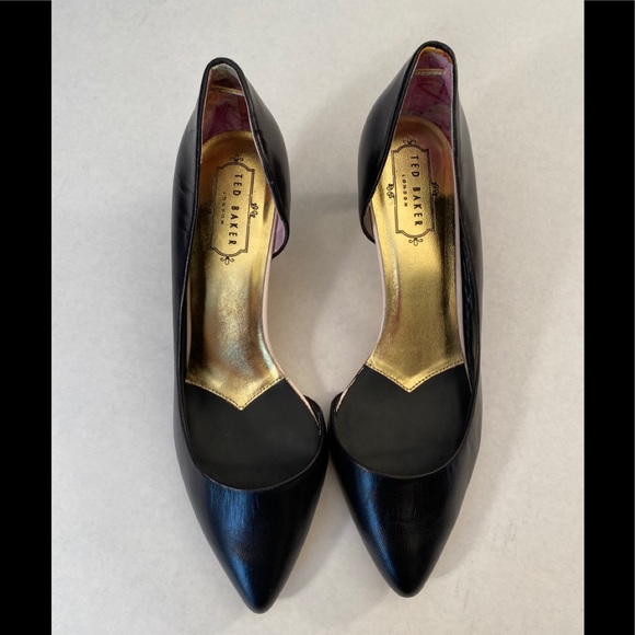 Ted Baker black and gold kitten heels